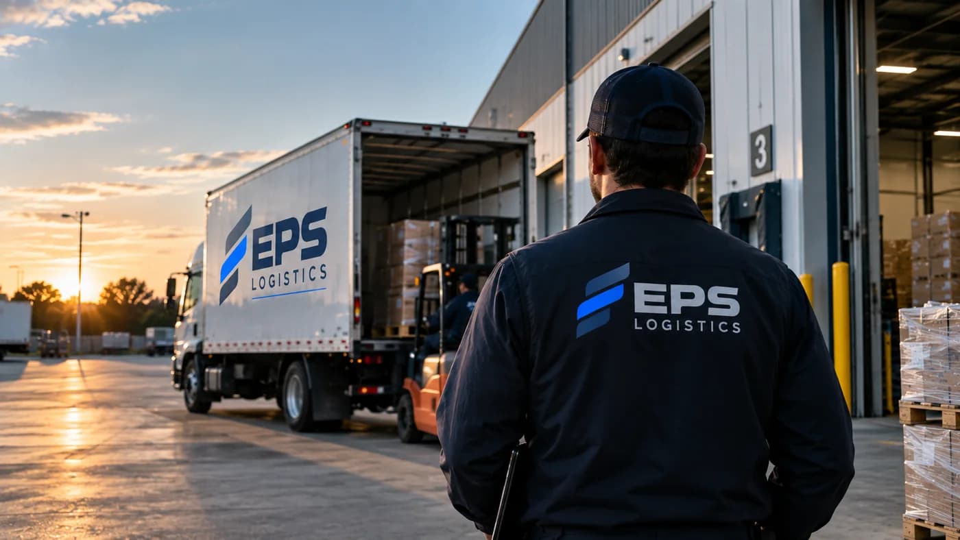 EPS Logistics loading freight at the dock at sunset